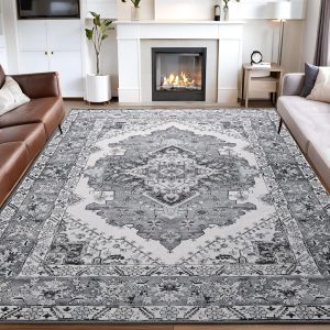 Noahas Area Rug 6x9 Washable Rug Grey and Blue Large Rugs for Living Room Vintage Kitchen Indoor Bedroom Non Slip Low Pile Carpet