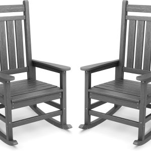 SERWALL Outdoor Rocking Chair Set of 2, HDPE Rocking Chairs for Adult, All Weather Porch Rockers for Lawn Garden, Grey
